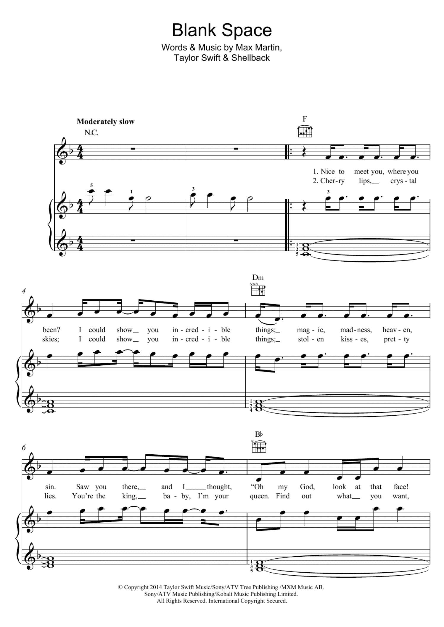 Blank Space (Piano, Vocal & Guitar Chords)