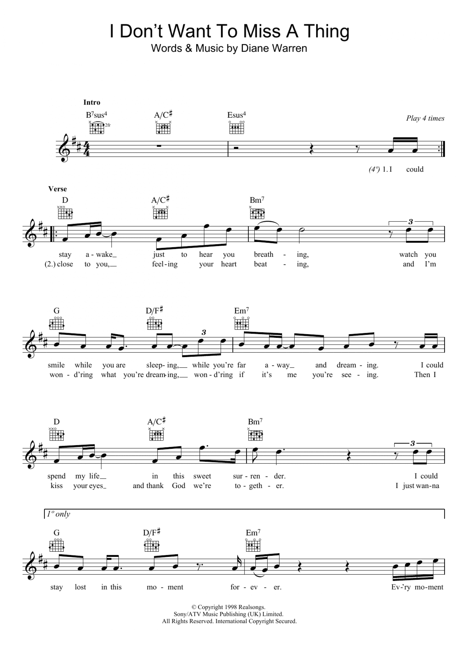 I Don't Want To Miss A Thing (Lead Sheet / Fake Book)