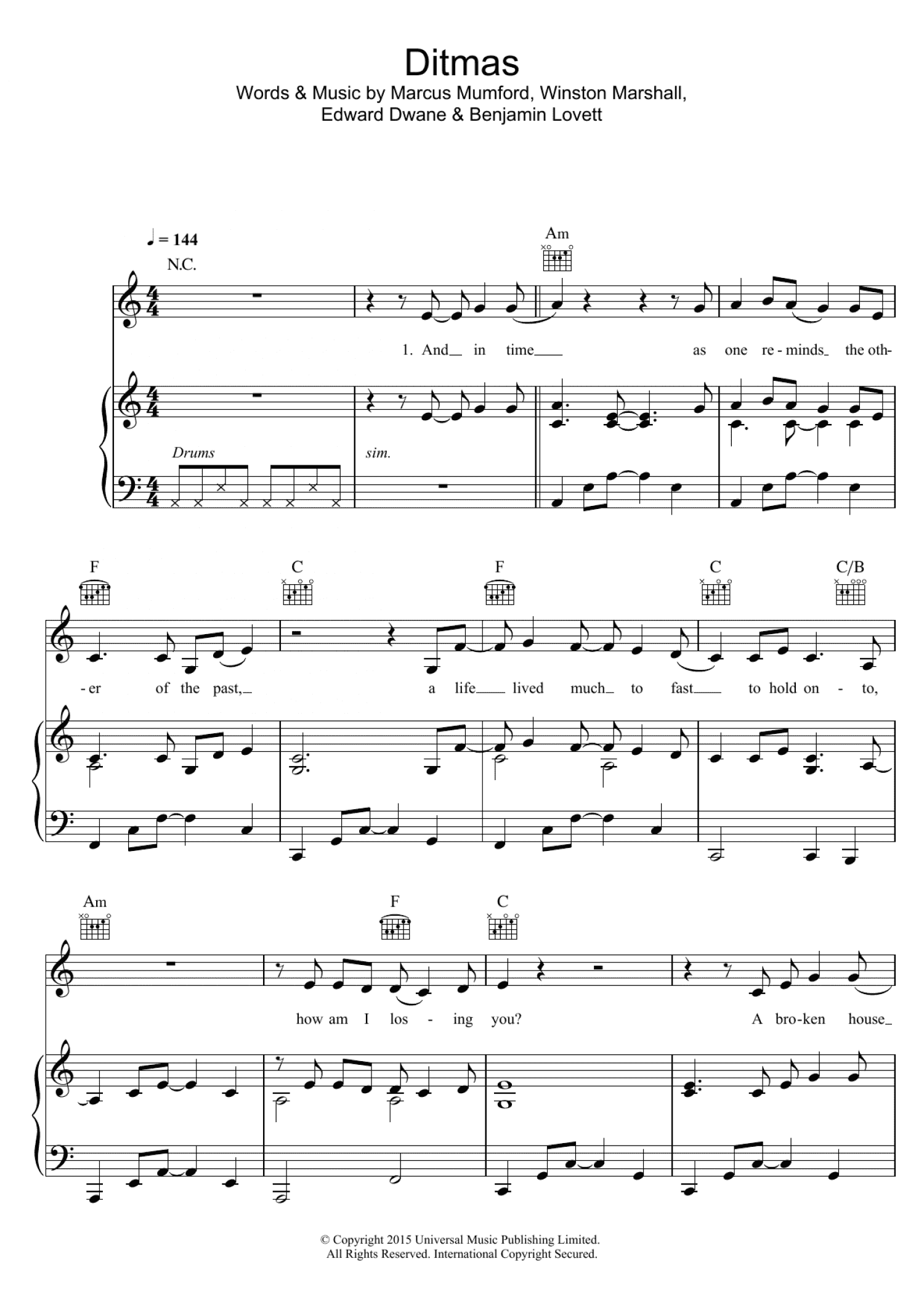 Ditmas (Piano, Vocal & Guitar Chords)