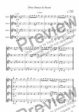 page one of Three Dances by Susato - Violin Quartet
