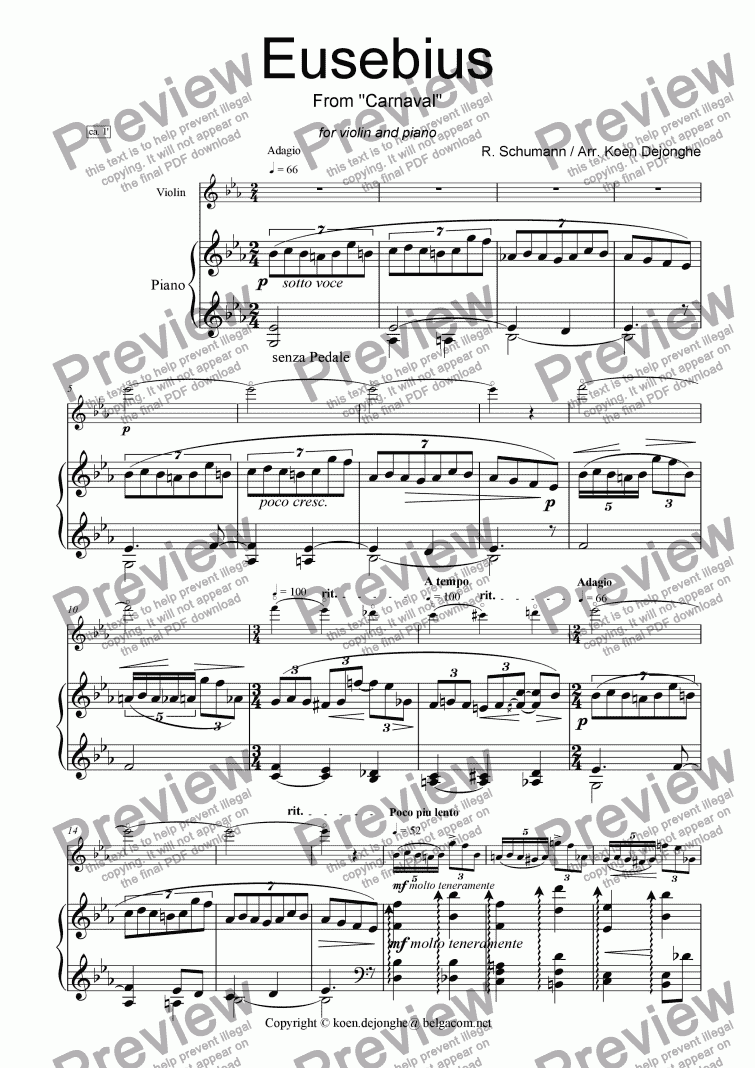 page one of "Carnaval-Eusebius" for Violin and Piano