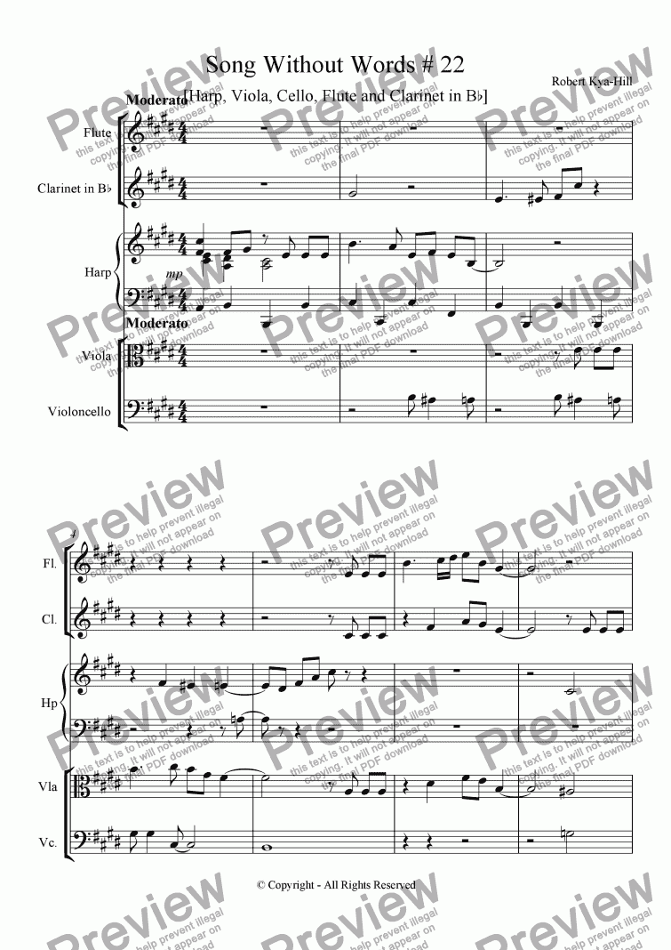 page one of Song Without Words # 22 [Harp, Viola, Cello, Flute, and Clarinet in B Flat]