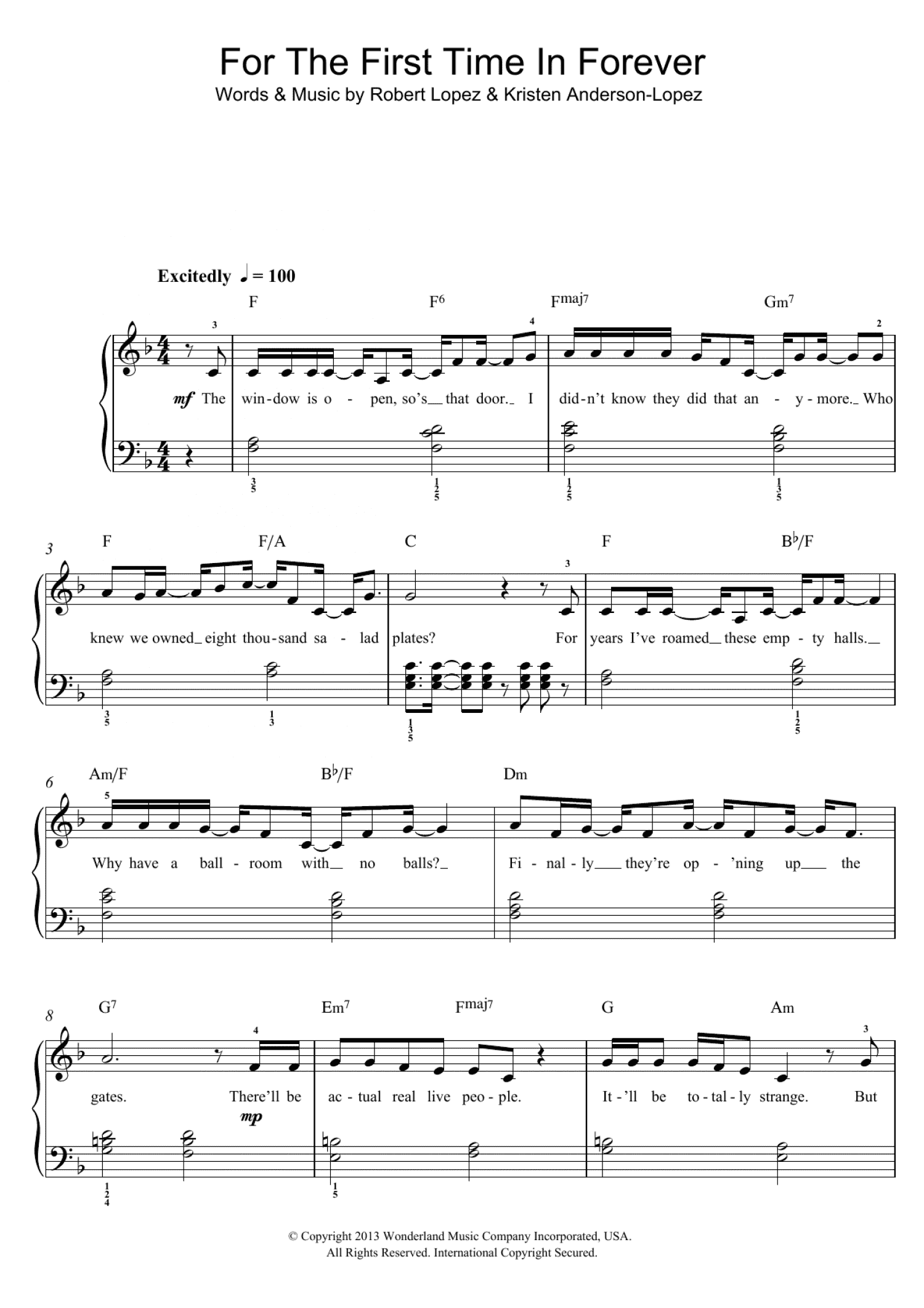 For The First Time In Forever (from Frozen) (Piano, Vocal & Guitar Chords)