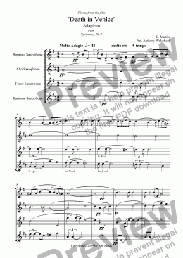 page one of Theme from the film ’Death in Venice’ Adagietto from Symphony No 5 (for Saxophone Quartet)