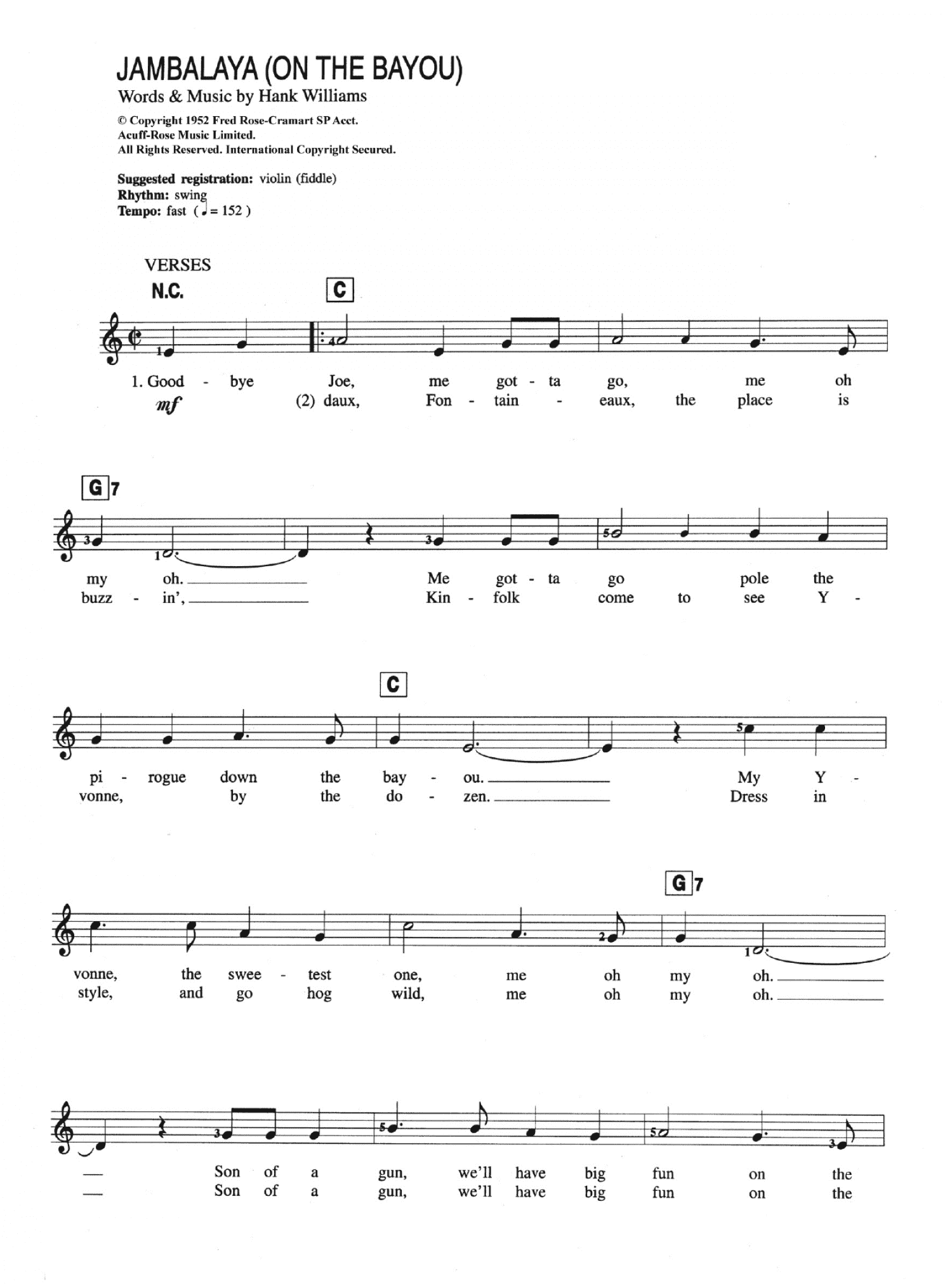 Jambalaya (On The Bayou) (Piano Chords/Lyrics)