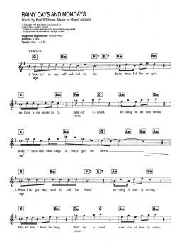page one of Rainy Days and Mondays (Piano Chords/Lyrics)
