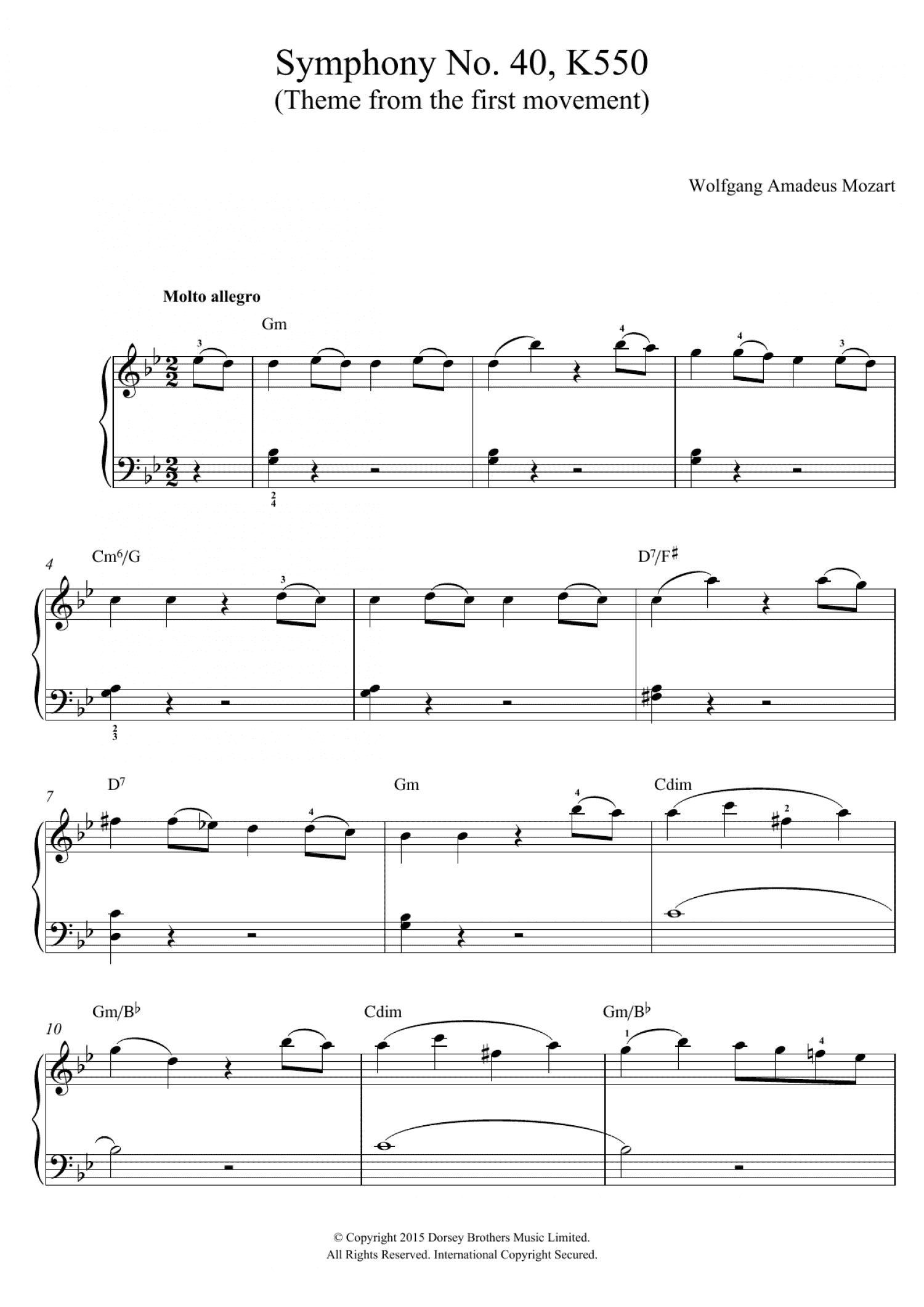 Symphony No. 40 in G Minor K550, 1st Movement Theme (Piano, Vocal & Guitar Chords)