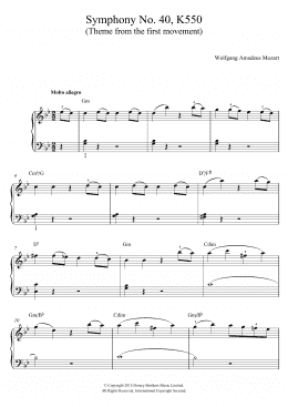 page one of Symphony No. 40 in G Minor K550, 1st Movement Theme (Piano, Vocal & Guitar Chords)