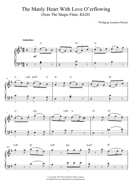 page one of The Manly Heart With Love O'erflowing (from The Magic Flute, K620) (Piano, Vocal & Guitar Chords)