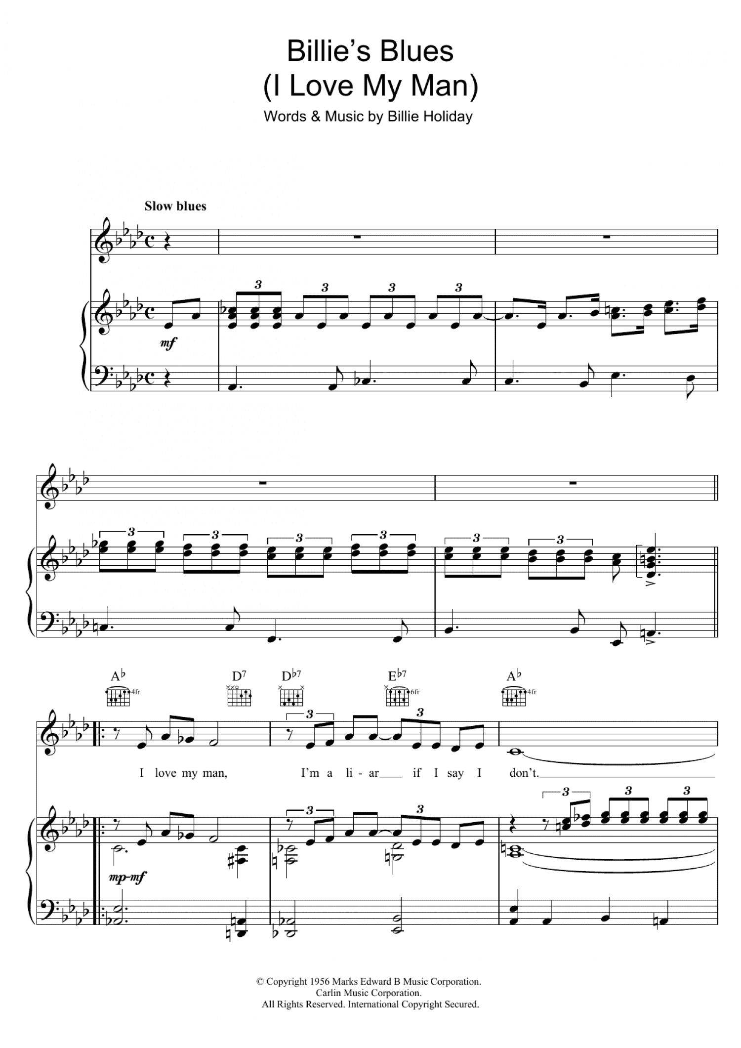 Billie's Blues (I Love My Man) (Piano, Vocal & Guitar Chords)