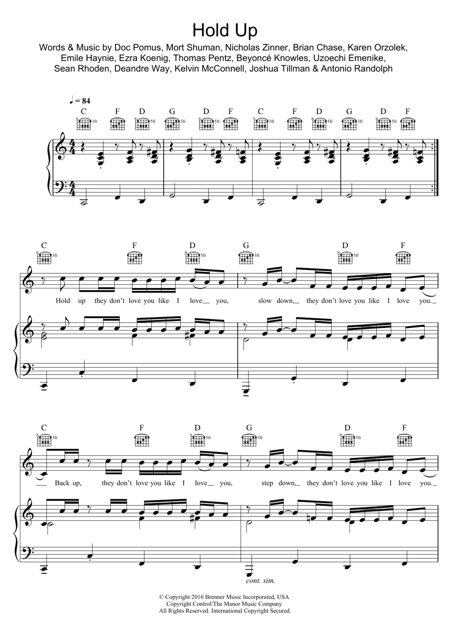 Hold Up (Piano, Vocal & Guitar Chords)