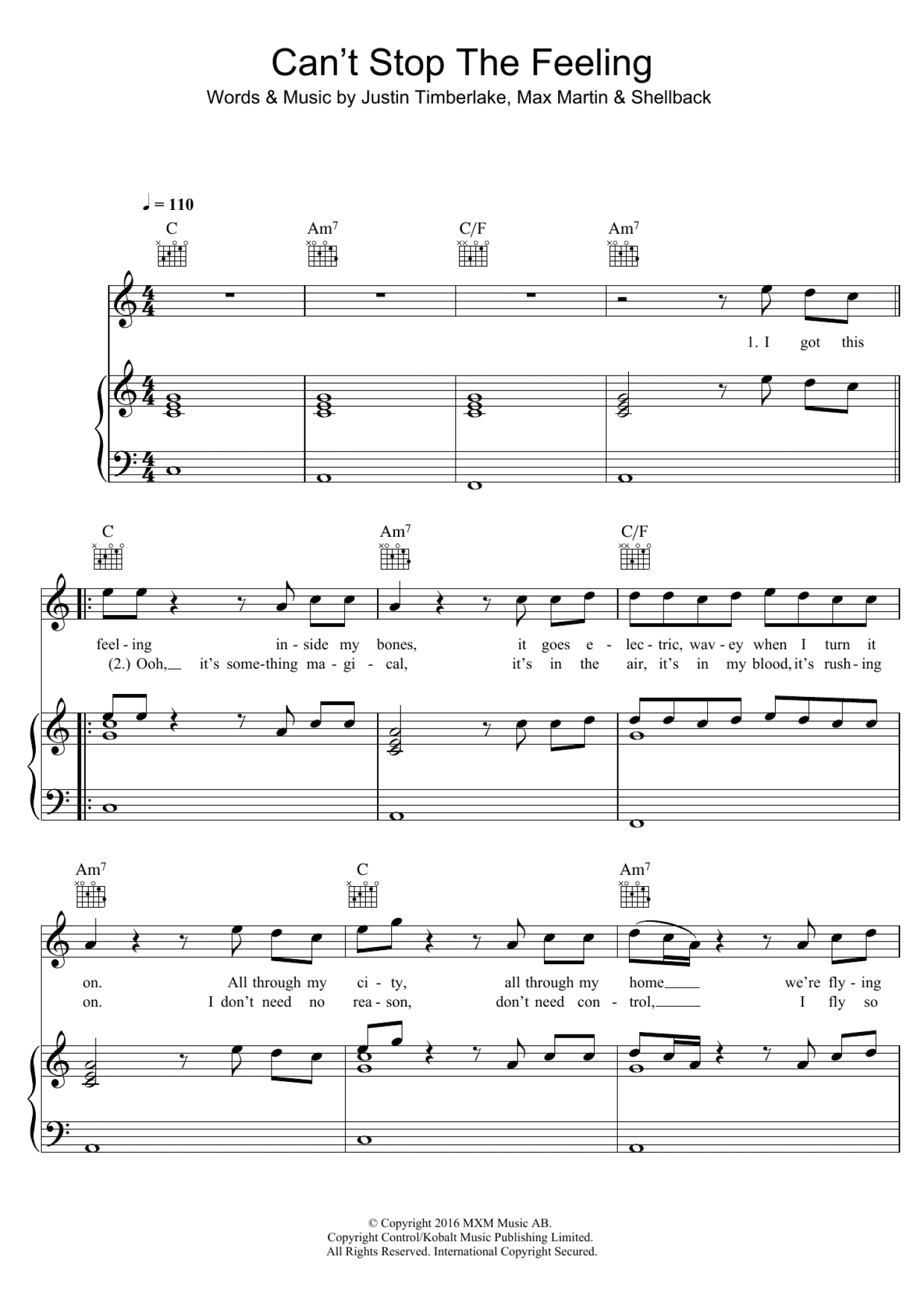 Can't Stop The Feeling (Piano, Vocal & Guitar Chords (Right-Hand Melody))