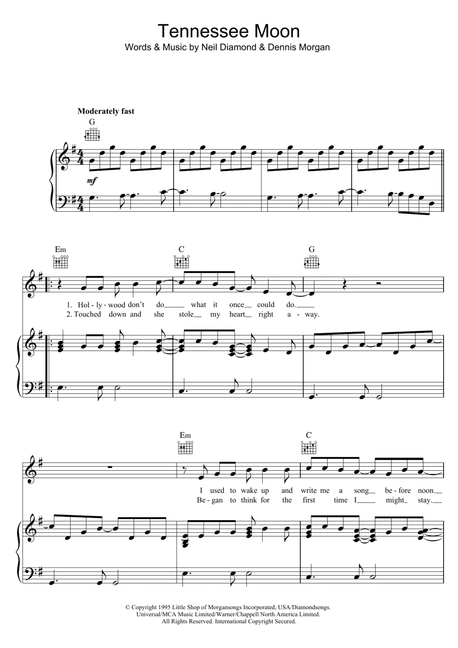Tennessee Moon (Piano, Vocal & Guitar Chords)