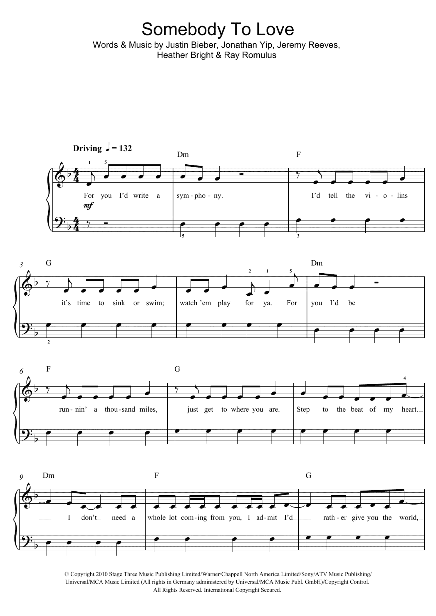 Somebody To Love (Piano, Vocal & Guitar Chords)