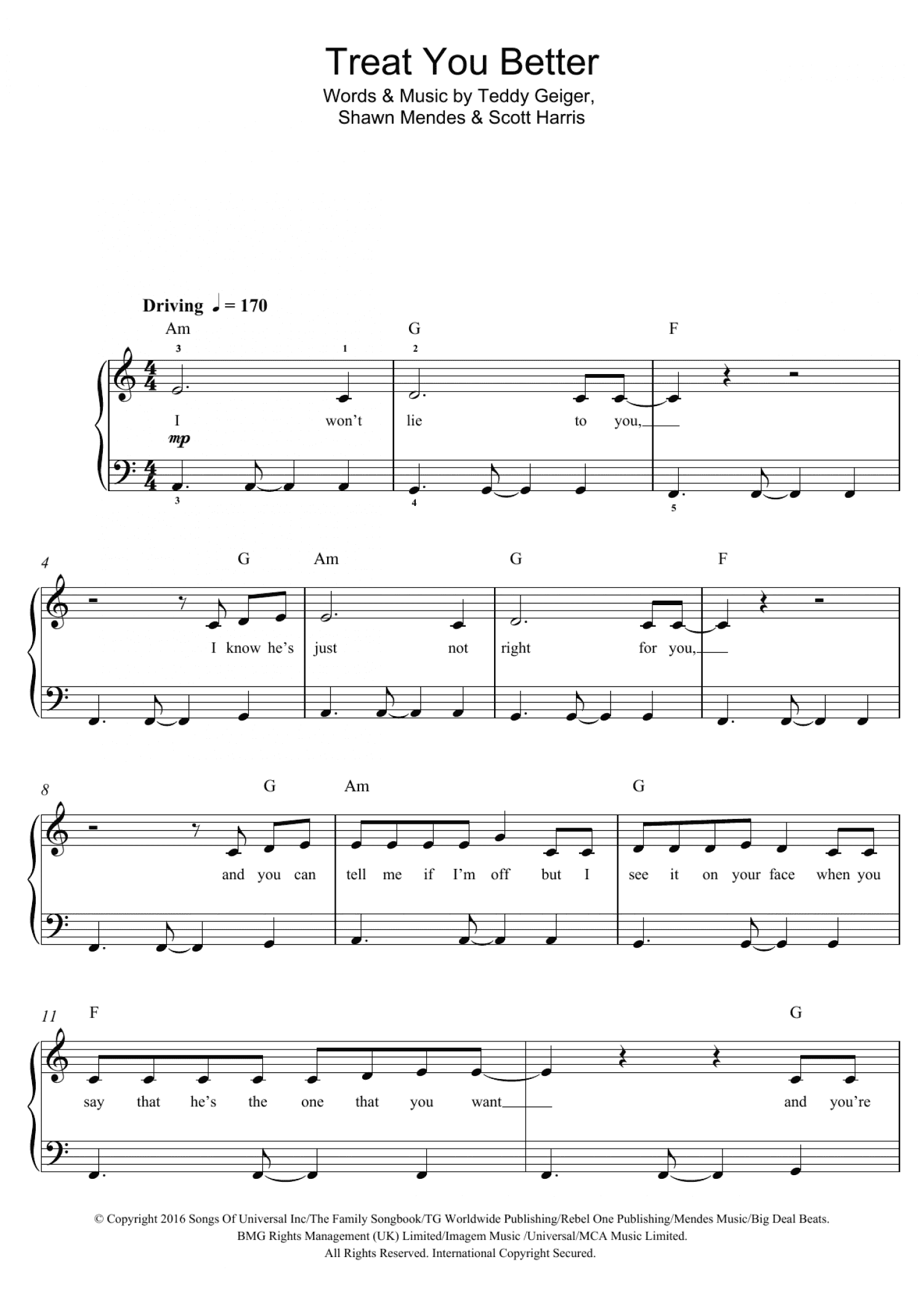 Treat You Better (Piano, Vocal & Guitar Chords)