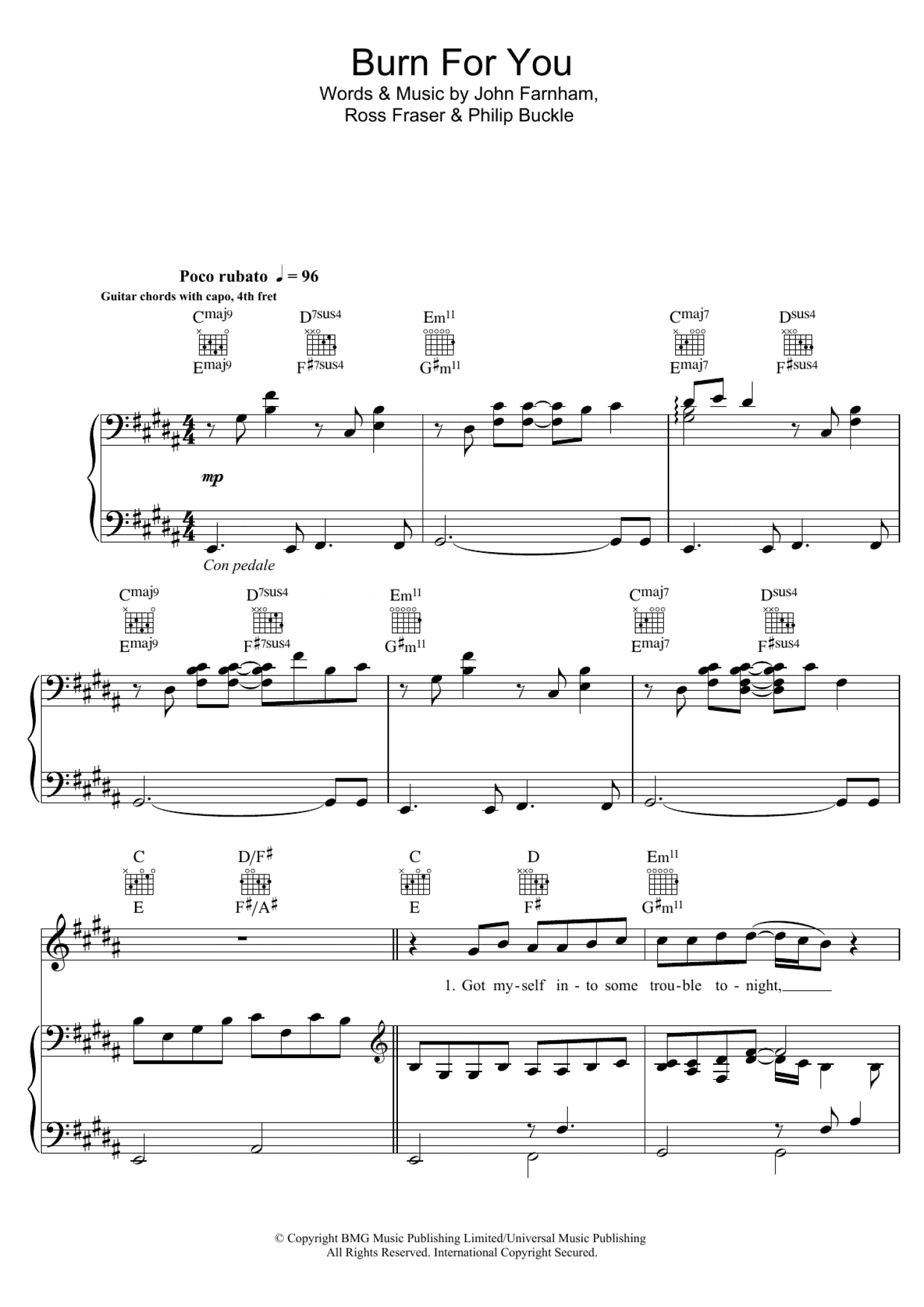 Burn For You (Piano, Vocal & Guitar Chords)