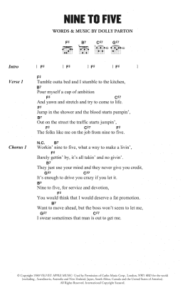 page one of Nine To Five (Guitar Chords/Lyrics)