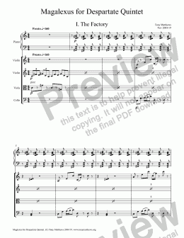 page one of Magalexus for Despartate Quintet (Piano & String Quartet)