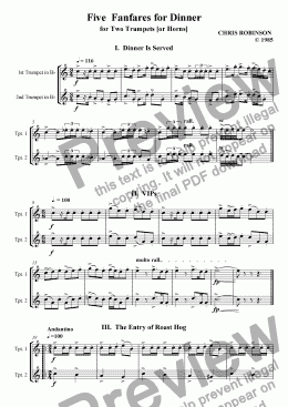 page one of 5 Fanfares for  a Formal Dinner - for 2 Bb Trumpets or  2 Horns in F