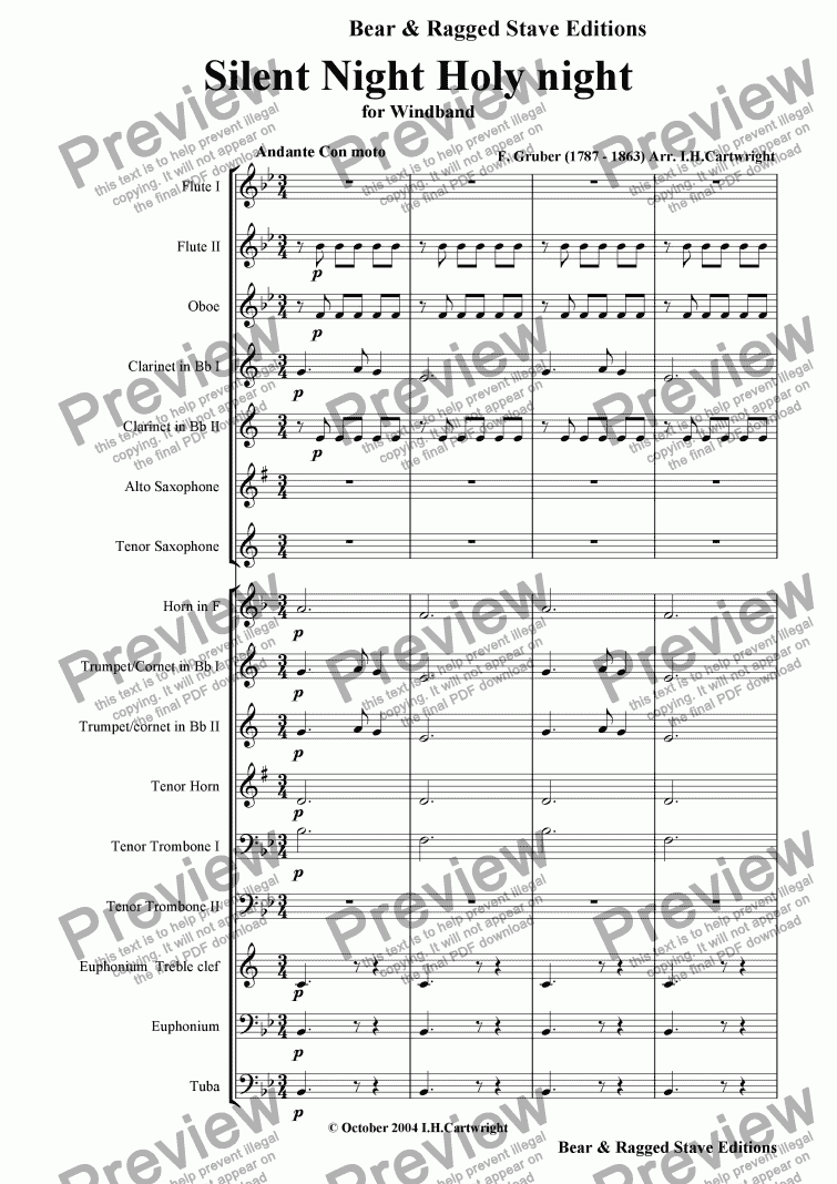page one of Silent night, Holy night for wind band