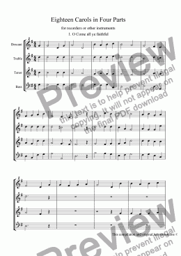 page one of Eighteen carols for recorder quartet