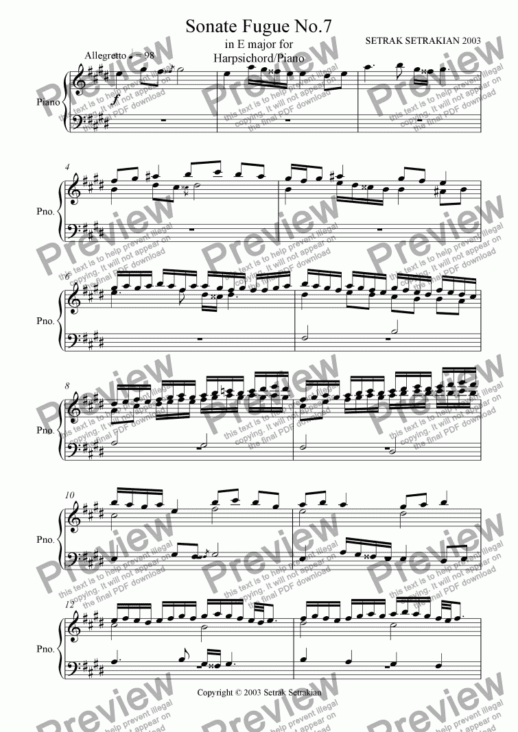 page one of Sonate Fugue No.7 in E major for Harpsichord/Piano