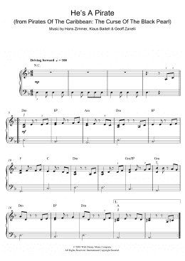 page one of He's A Pirate (from Pirates Of The Caribbean: The Curse Of The Black Pearl) (Beginner Piano (Abridged))