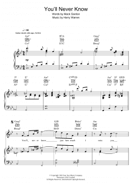 page one of You'll Never Know (from The Shape of Water) (Piano, Vocal & Guitar Chords)