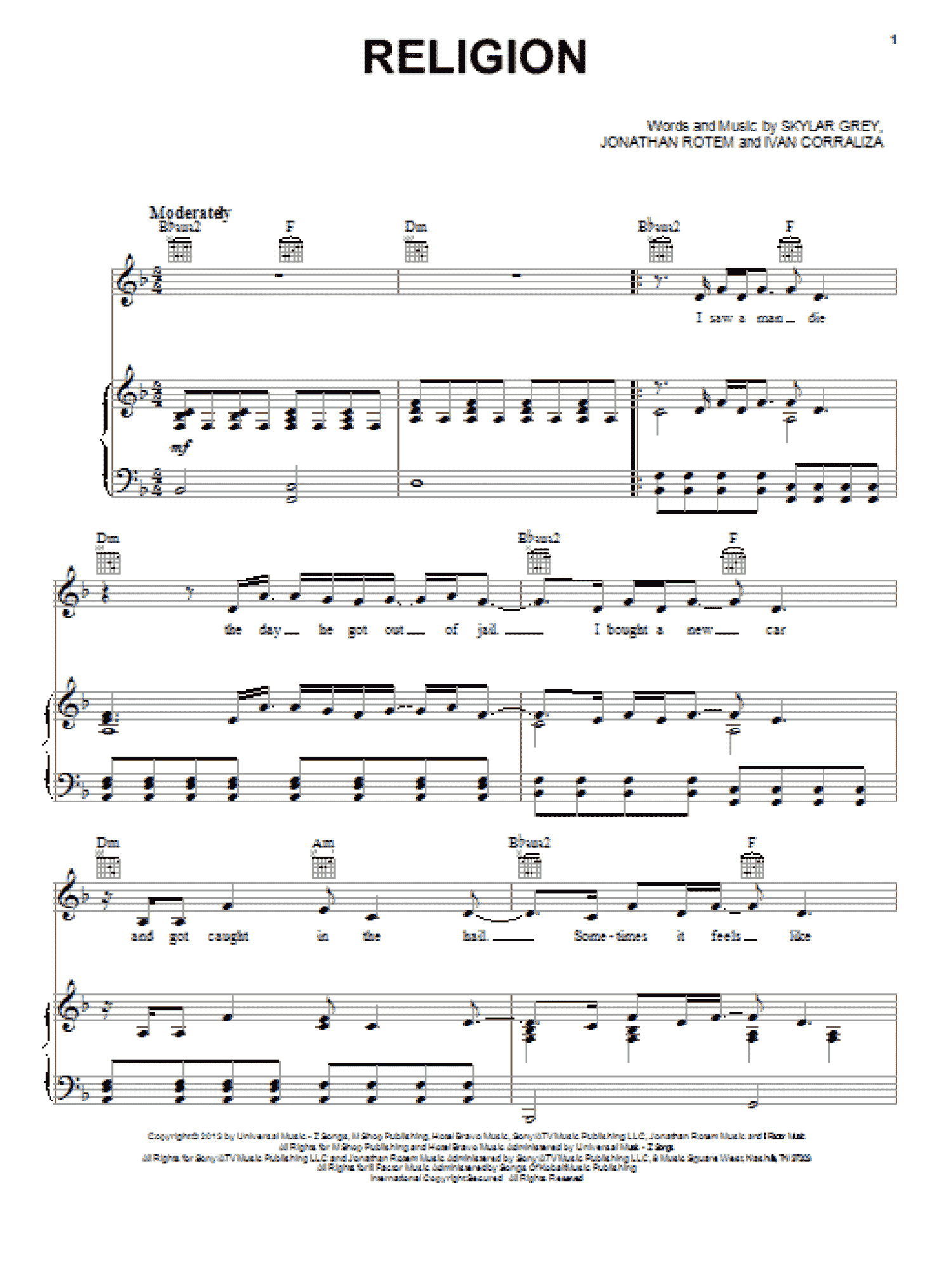 Religion (Piano, Vocal & Guitar Chords (Right-Hand Melody))