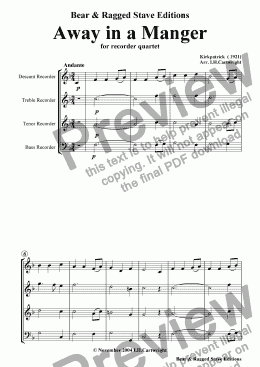 page one of Away in a Manger for recorder quartet
