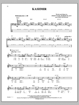 page one of Kashmir (Bass Guitar Tab)