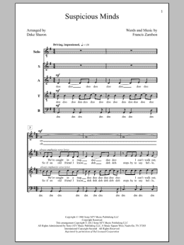 page one of Suspicious Minds (arr. Deke Sharon) (SATB Choir)