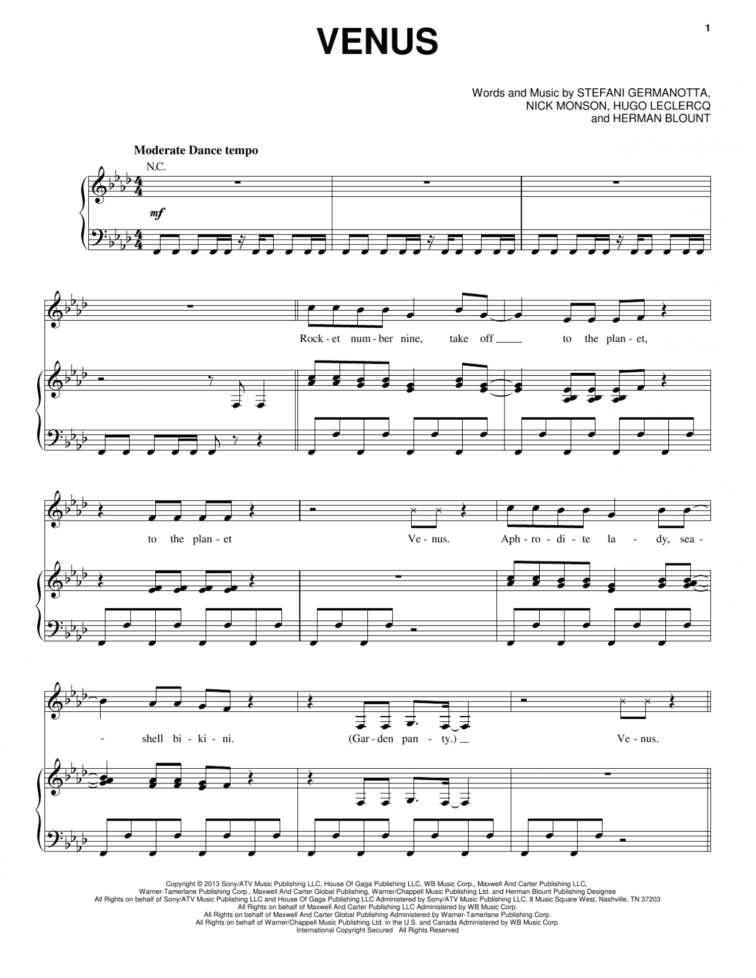 Venus (Piano, Vocal & Guitar Chords (Right-Hand Melody))
