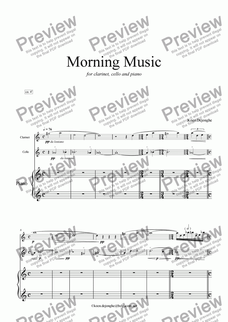 page one of "Morning Music" for Clarinet, Cello and Piano