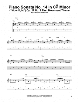 page one of Piano Sonata No. 14 In C# Minor (Moonlight) Op. 27 No. 2 First Movement Theme (Easy Ukulele Tab)