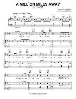 page one of A Million Miles Away (from Aladdin: The Broadway Musical) (Piano, Vocal & Guitar Chords (Right-Hand Melody))