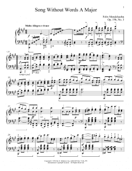 page one of Song Without Words In A Major, Op. 19, No. 3 (Piano Solo)