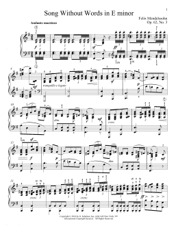 page one of Song Without Words In E Minor, Op. 52, No. 3 (Piano Solo)