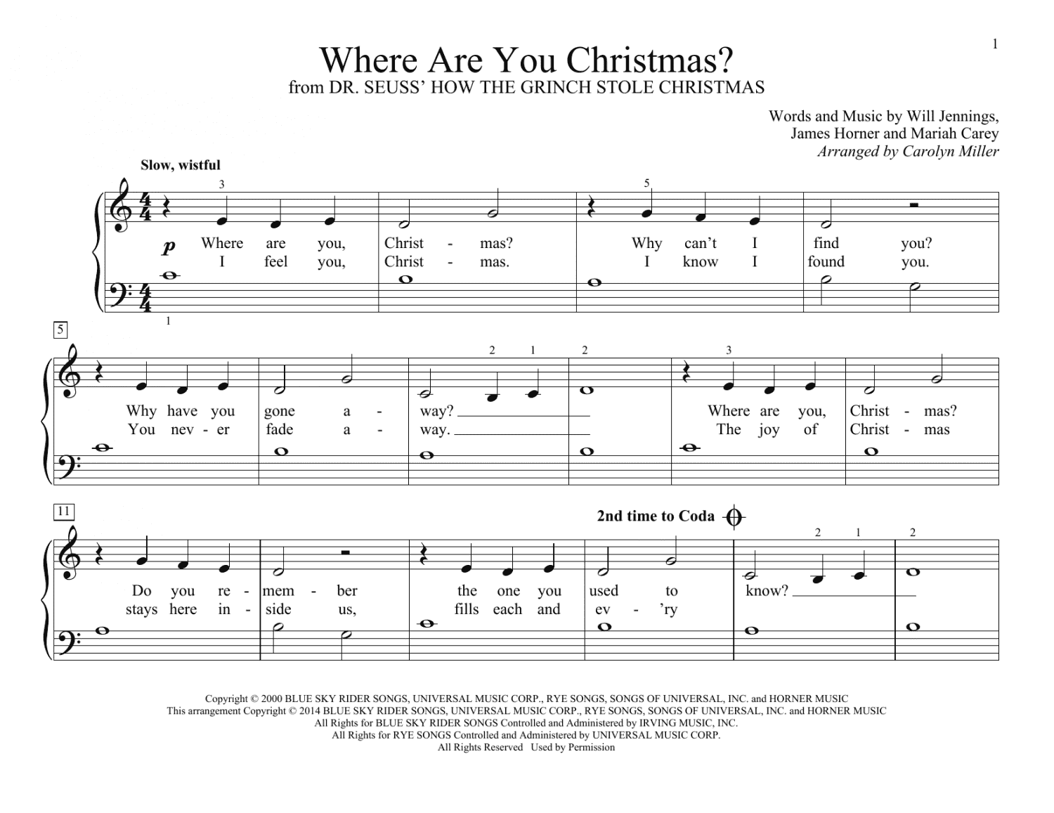 Where Are You Christmas? (arr. Carolyn Miller) (from How The Grinch Stole Christmas) (Educational Piano)