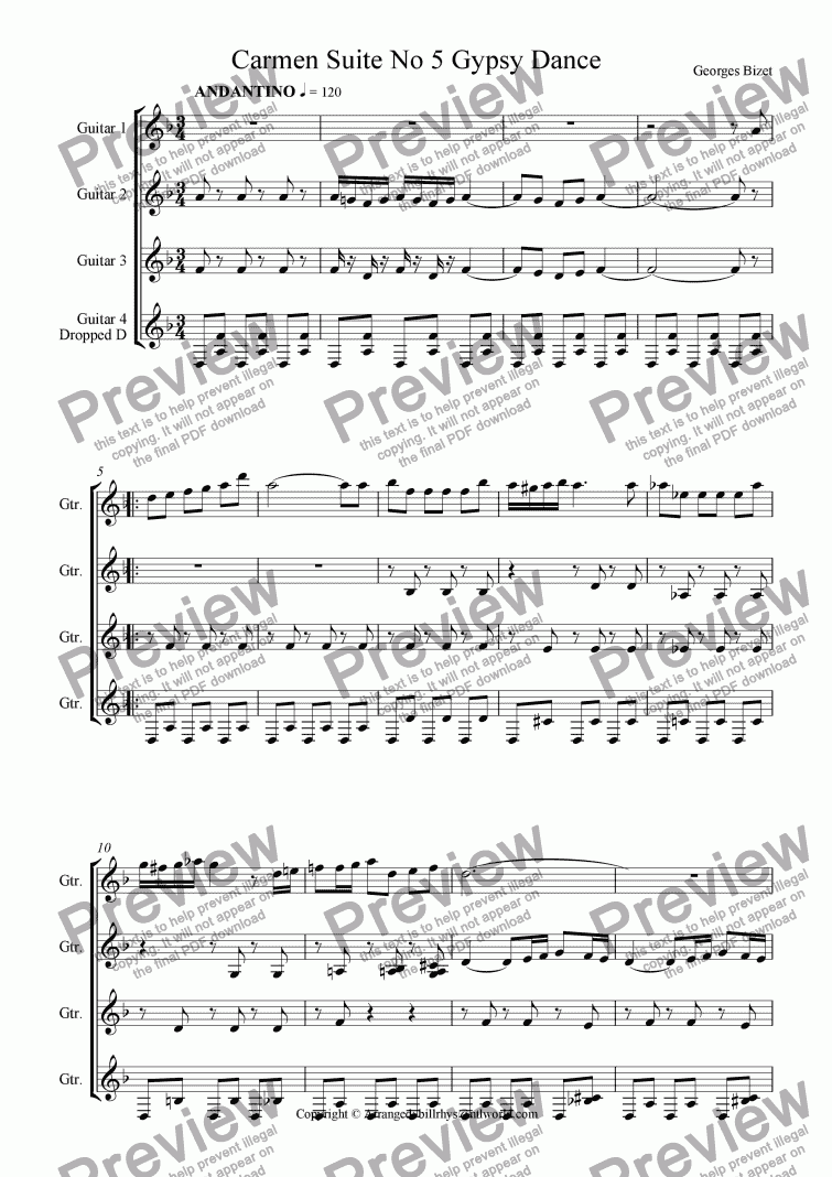 page one of Carmen Suite for 4 Gtrs No 5 Gypsy Dance