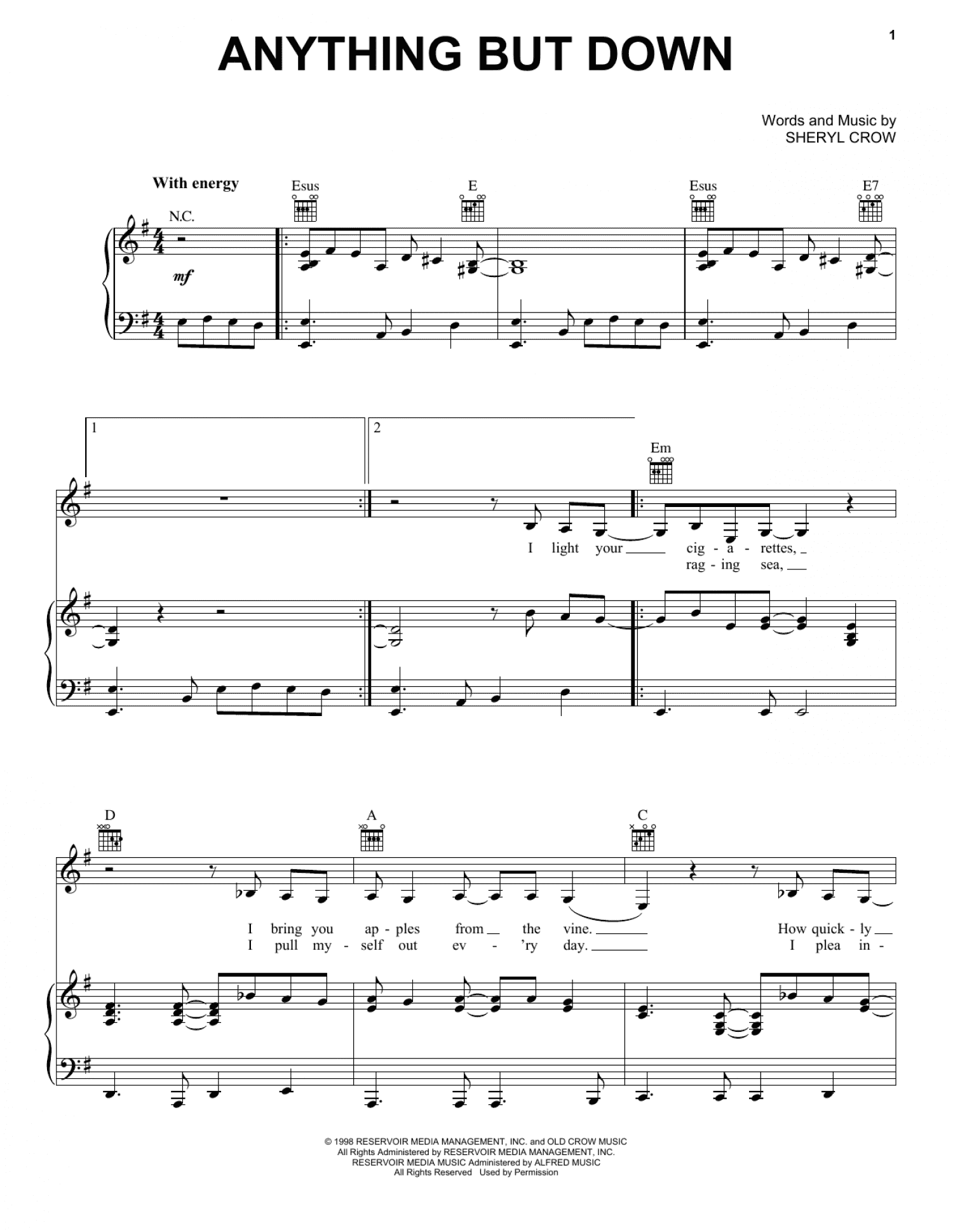 Anything But Down (Piano, Vocal & Guitar Chords (Right-Hand Melody))