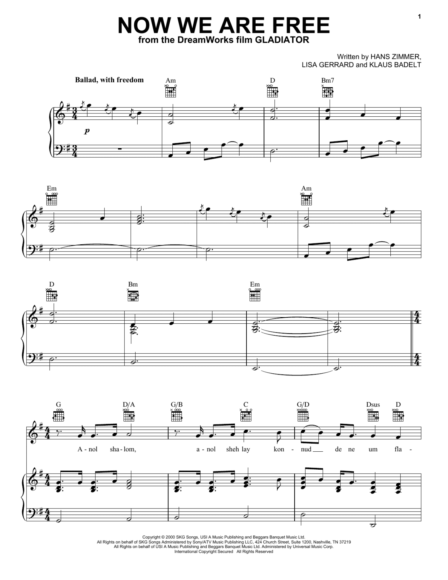 Now We Are Free (Piano, Vocal & Guitar Chords (Right-Hand Melody))
