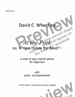 page one of At the Park no 4 Here comes the band! by David Wheatley for Bb clarinet and piano
