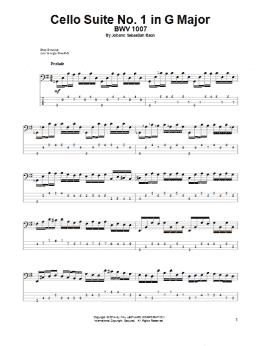 page one of Cello Suite No. 1 In G Major, BWV 1007 (Bass Guitar Tab)
