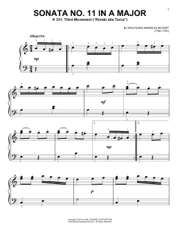 page one of Sonata No. 11 In A Major, K 331, Third Movement ("Rondo Alla Turca") (Easy Piano)
