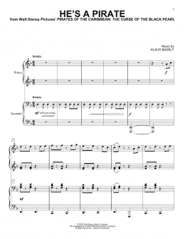 page one of He's A Pirate (from Pirates Of The Caribbean: The Curse of the Black Pearl) (Piano Duet)