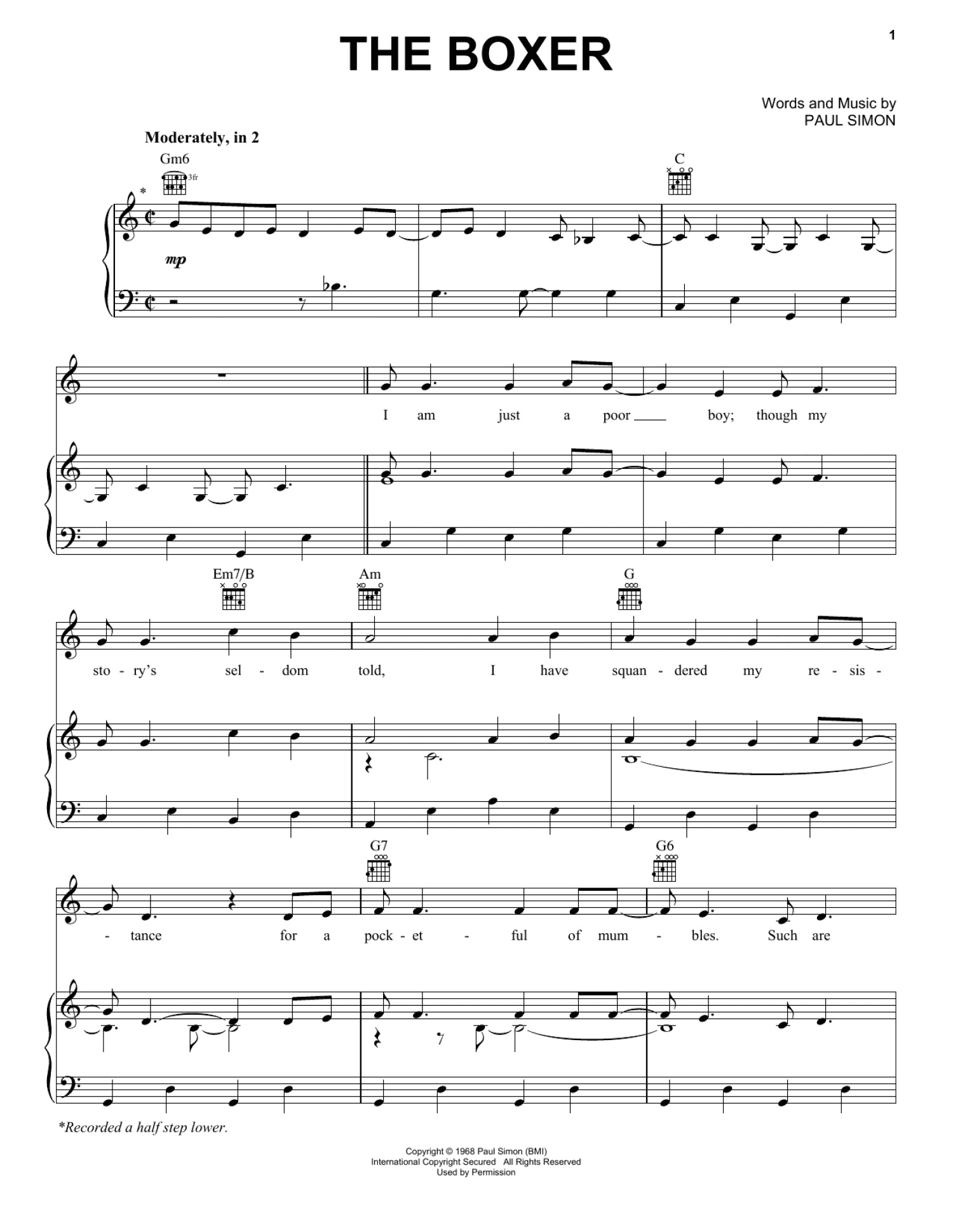 The Boxer (Piano, Vocal & Guitar Chords (Right-Hand Melody))