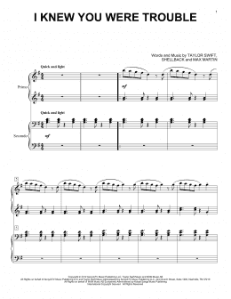 page one of I Knew You Were Trouble (Piano Duet)