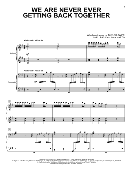 page one of We Are Never Ever Getting Back Together (Piano Duet)