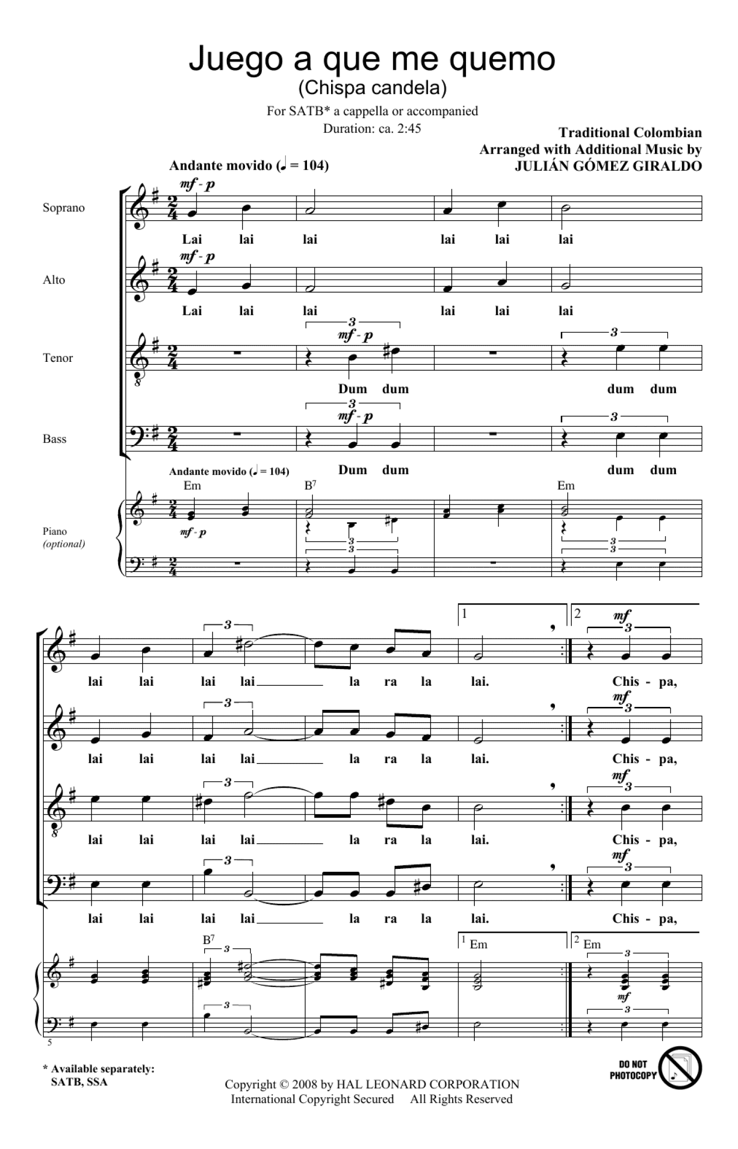 Juego A Que Me Quemo (Chispa Candela) (SATB Choir)